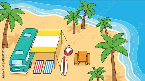 Cartoon illustration of a seaside road trip adventure with a van parked on a sandy beach for a relaxing summer vacation
