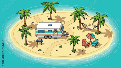 Island Getaway Camping and Relaxation in a Tropical Paradise Illustration