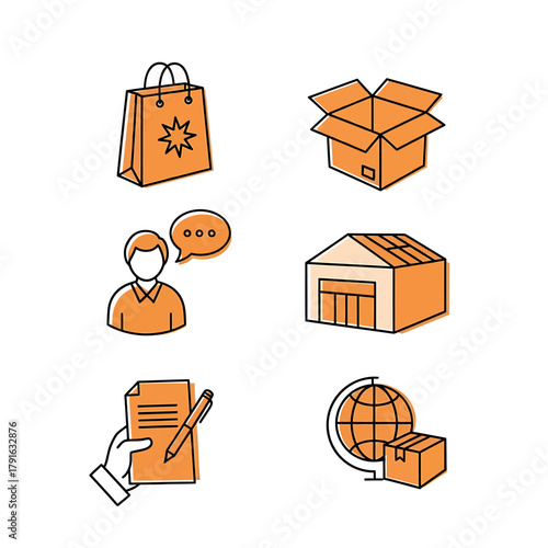 Delivery and Logistics Icons - Shopping Bag, Box, Warehouse, and Global Shipping.
