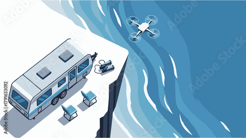 Drone Filming a Camper Van by the Coastline Adventure and Exploration Concept