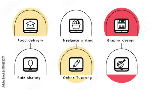 Online service icons on laptops vector illustration of food delivery freelance writing and graphic design for app and web design