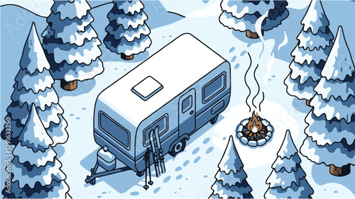 Travel trailer campsite in a snowy woodland setting with a warm fire, an idyllic winter holiday concept