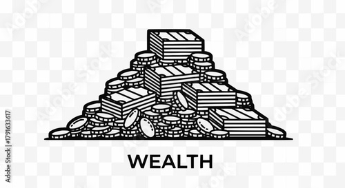 Wealth concept illustration with a huge pile of banknotes and coins.