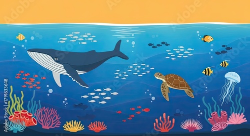 Ocean scene with whale, turtle, jellyfish, coral, and schools of fish.