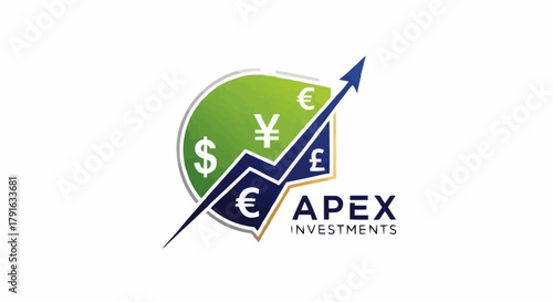 Apex Investments Logo Featuring Currency Symbols and Upward Trend Arrow.
