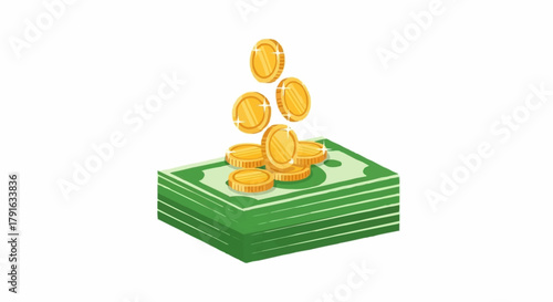 Stack of money with coins falling on top representing wealth and finance.