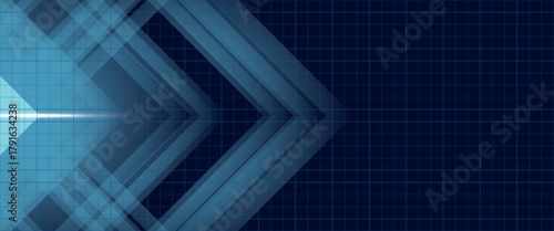Abstract blue arrow glowing with lighting and line grid on blue background technology hi-tech concept