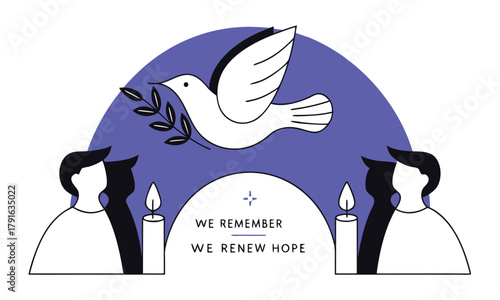 Memorial vector illustration with dove candles and silhouetted figures a symbol of remembrance and hope isolated on white