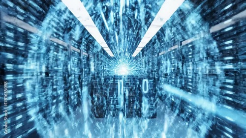 Traveling Through Digital Data Center Server Room Tunnel
