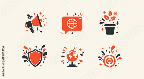 Set of vibrant icons representing various concepts like communication, growth, security, and global awareness.