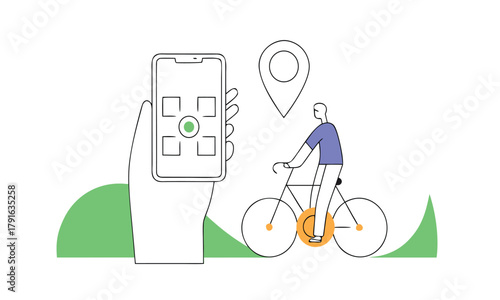 Man riding bicycle with mobile app navigation vector line illustration for transportation and location-based services isolated on white background