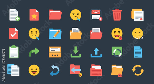 Set of Flat Design Office and Business Icons with Documents and Folders.
