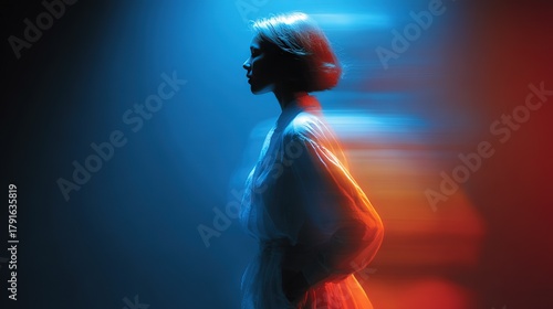 Artistic Portrait of Woman with Blue and Red Light, Creative Silhouette Photography
