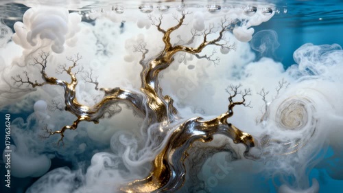 Abstract Underwater Tree Formed by Smoke and Light