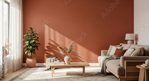 Cozy living room featuring a warm terracotta wall color palette with a comfortable sofa and wooden coffee table, bathed in soft sunlight