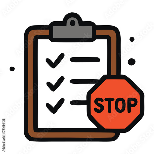 Safety procedures checklist cartoon clipboard with stop sign icon for safety manuals, workplace training materials, infographics, presentations, and educational content.