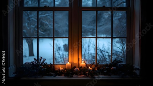 窓枠から見える雪の降る庭の風景