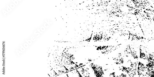 Distress urban overlay spotted concrete grain surface grainy noise rust wall grunge black splatter and white background. damaged chalk crack rough ink wall texture.	