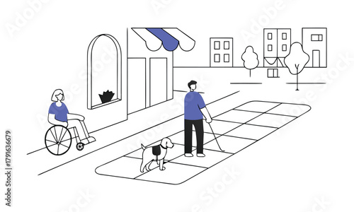 Inclusive city scene illustration featuring a person in a wheelchair and a blind person with a guide dog vector line art on white