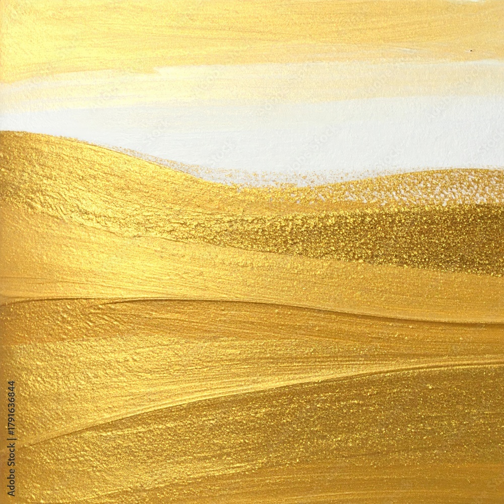 Fototapeta premium Abstract art with gold and white paint strokes. Layered, wavy lines create a textured landscape effect