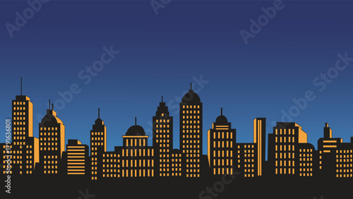 Urban Skyline Silhouette at Dusk – City Buildings Night Background Architecture Vector Illustration