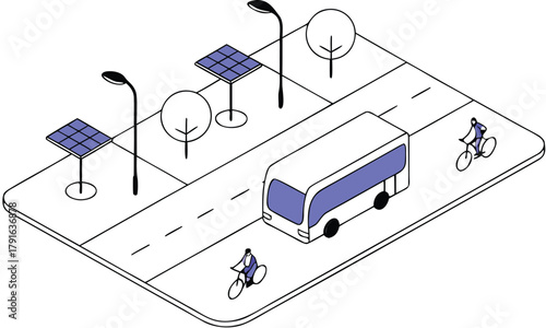 Isometric city illustration with bus cyclists solar panels and streetlights clean vector design for sustainable urban planning and eco-friendly transportation