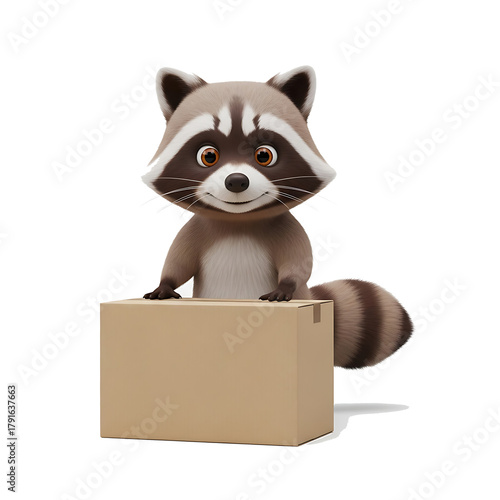 Cute Mischievous Raccoon Rakun peeking over top edge of blank generic brown cardboard box kotak kardus sign, isolated transparent background, png