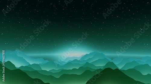 Abstract layered mountain landscape with turquoise teal gradient fog and starry sky. Smooth animated waves creating depth and peaceful atmosphere