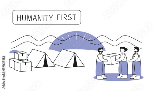 Humanitarian aid workers delivering boxes to a refugee camp vector illustration for charity and disaster relief isolated on white