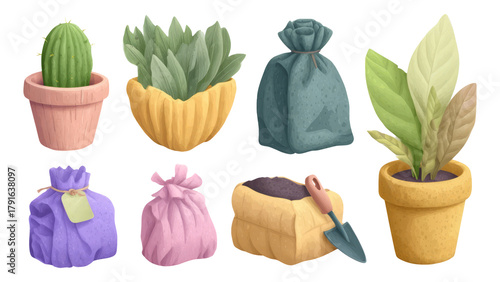 Colorful Illustration of Isolated Plant Pots with Varied Shapes and Textures