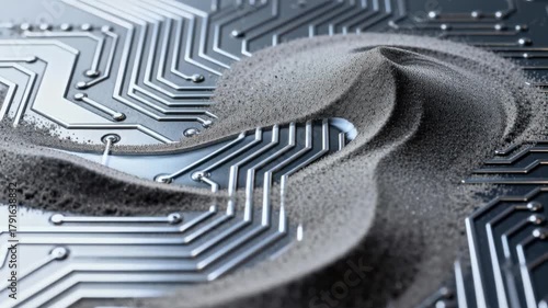 Abstract digital circuit board with swirling granular material