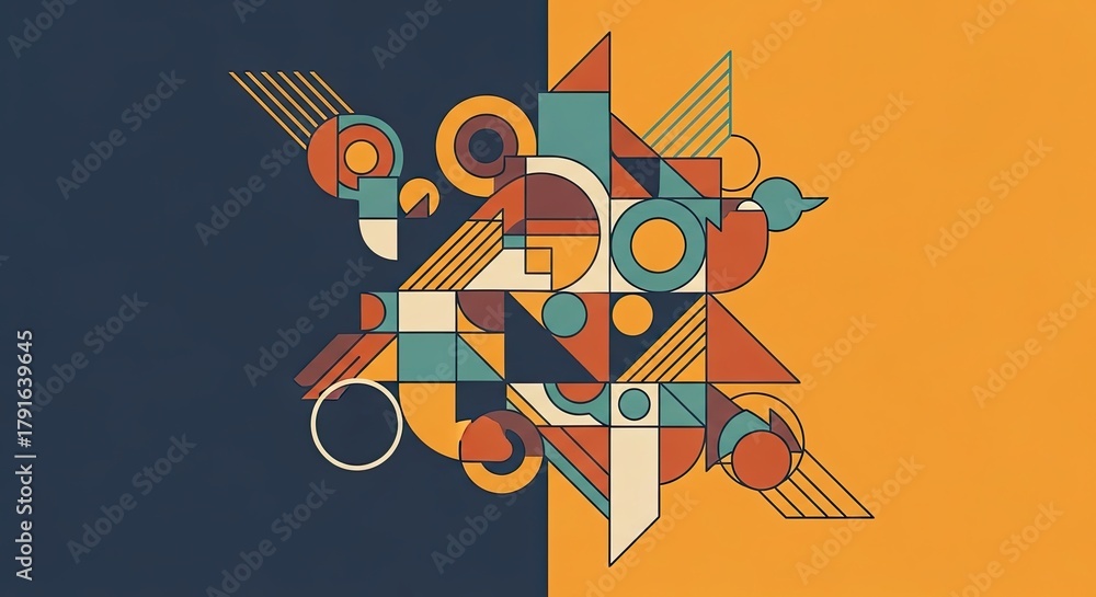 Obraz premium Abstract geometric composition with triangles, circles, and rectangles on split background.