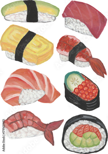 Set of sushi japanese food hand drawn watercolor art