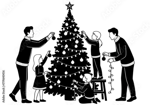 Family with three children happily decorating a Christmas tree together.