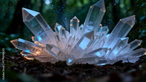 Enchanted forest crystals glow with magical light in darkness