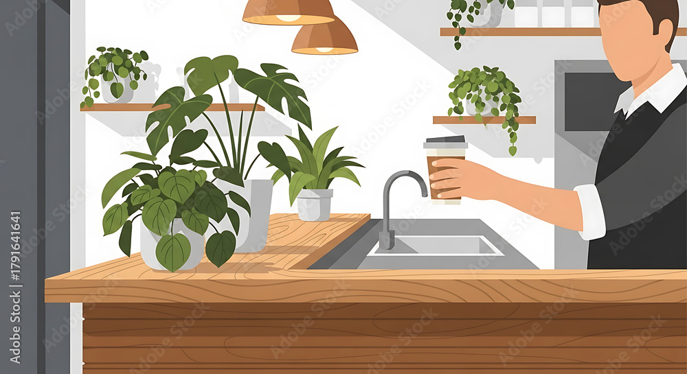 Fototapeta premium Man holding coffee at a modern cafe counter with green plants, cozy interior design