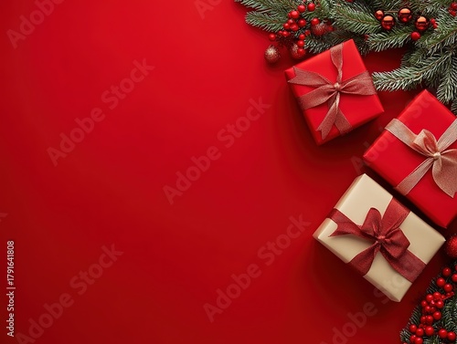 Red Christmas background with gift boxes, fir branches and right side decorations for banner design, web poster and greeting card flat lay