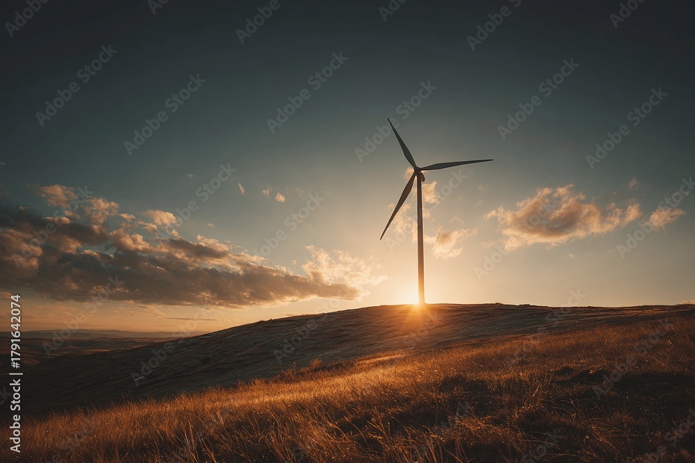 Obraz premium Stunning windmill at sunset on grassy hill symbolizes renewable energy and sustainability for a greener future, evoking peace and environmental awareness