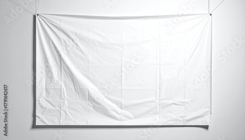Wrinkled white banner hung on a wall