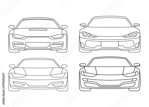 Collection of Four Different Car Front Designs in Outline Style for Automotive Industry and Coloring Books