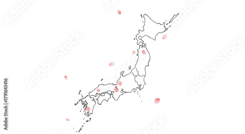 Delicate cherry blossoms softly drift across a clean map outline of Japan, hinting at springtime travel and vibrant cultural experiences in the East