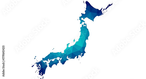 Stunning polygonal map of Japan in vibrant blues offers a modern, dynamic visual for travel, business, and cultural projects needing a stylish geographic element