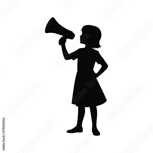 Little Girl Kid Child Silhouette Holding Megaphone Vector for Voice, Protest, and Announcement