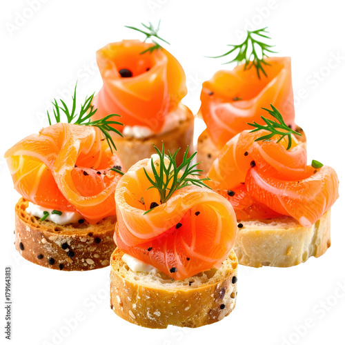 Elegant cured salmon canapés isolated on white background, a sophisticated and luxurious gourmet appetizer for special celebrations and parties