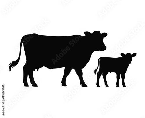 Mother Cow and Calf Silhouette Farm Animal Vector