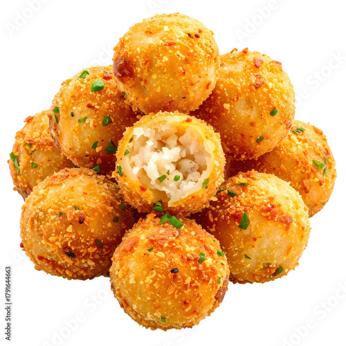Homemade pike fish balls, golden fried and savory, a traditional european seafood appetizer, perfectly isolated on white background for a clean look