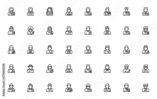 Jobs and Occupations icon set. Vector profession icos pack. Includes clerk, stdent, astronaut, builder, harmacist, actor, chef, dotor and more. Editable strke.