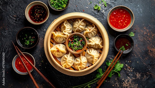 Delicious Steamed Dumplings in Bamboo Steamer with Sauces with Asian Cuisine.