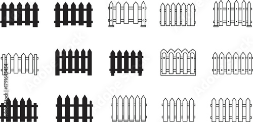 Collection of black and white wooden fence vector icons representing garden boundaries, home security, outdoor decoration, and landscape design elements.