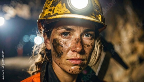 Determined Female Miner in Dark Mine Tunnel with Headlamp  Labor Concept.
